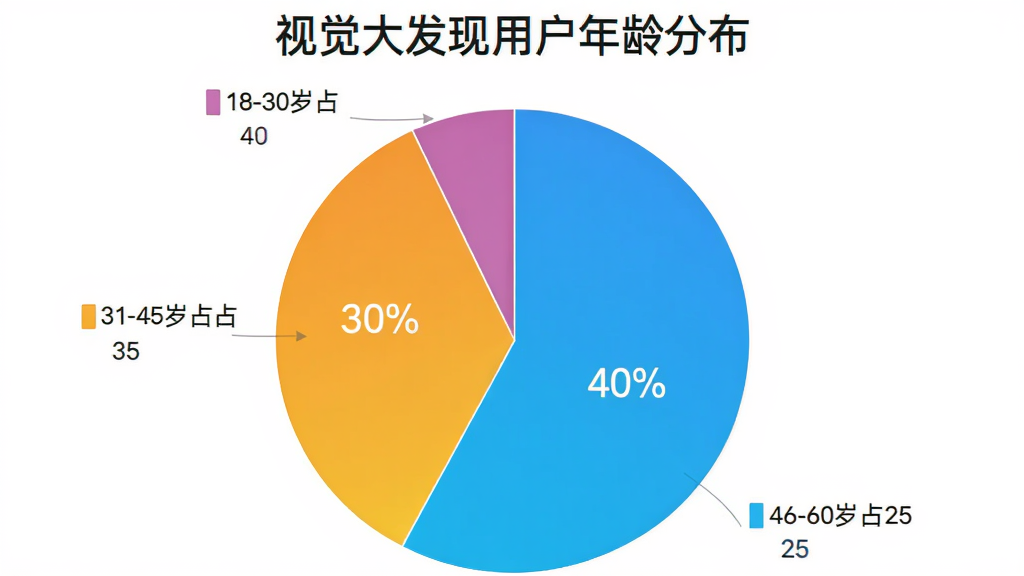 用户评价统计饼状图,显示18-30岁占40%,31-45岁占35%,46-60岁占25%,色彩鲜艳,风格简洁,画质清晰,无多余元素,标注“视觉大发现用户年龄分布”。