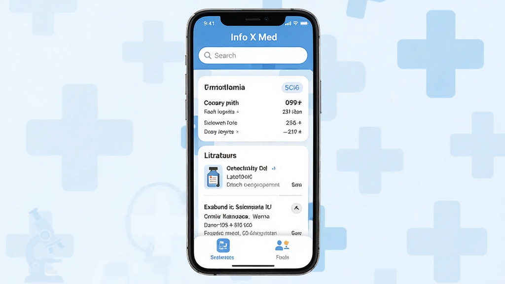 主体:一款名为“Info X Med”的医学信息App的手机界面,屏幕中央显示清晰的药物查询结果和文献列表,背景是淡蓝色医学十字图案。布局:手机竖屏居中,界面简洁,上方有搜索栏,下方有功能选项卡。排版:信息层级分明,文本清晰易读。风格:现代扁平化,蓝白主色调,专业感强。细节:界面无任何广告弹窗,图标圆润,色彩柔和。画质:高清渲染,干净无多余元素。