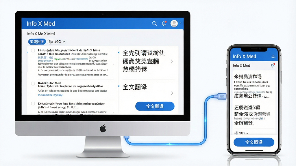 主体:电脑和手机并排显示“Info X Med”文献检索界面,屏幕上展示英文文献和中文翻译对照。布局:左侧电脑屏幕,右侧手机,中间有连接线示意同步。排版:文献列表清晰,翻译文本对齐。风格:科技感与现代感结合,蓝白主色。细节:有“影响因子”筛选标签和“全文翻译”按钮。画质:高清渲染,干净无多余元素。