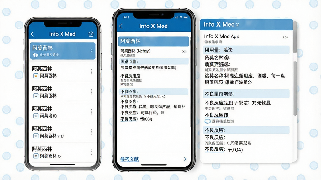 主体:手机屏幕展示“Info X Med”App的药物详情页,显示药品名称“阿莫西林”及用法用量、不良反应等条目。布局:手机竖屏居中,左侧有药品列表,右侧为详情滚动页面。排版:条目清晰,分区块展示。风格:医学专业风格,蓝白配色,简洁干净。细节:页面底部有“参考文献”链接,无广告。画质:高清,无多余元素。