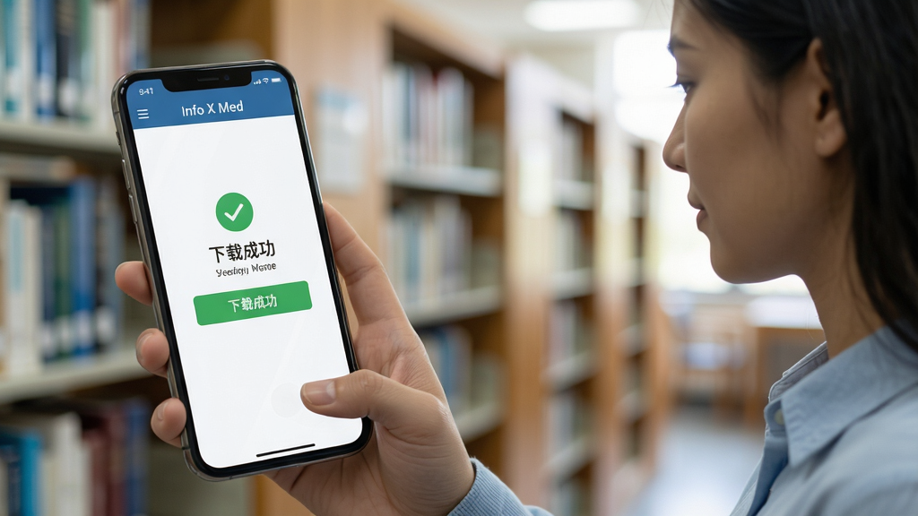 主体:一名用户手持手机在医学图书馆中查找资料,手机屏幕显示“Info X Med”App的指南下载界面。布局:人物在画面右侧,手机放大在左侧,背景书架模糊。排版:主体突出,信息清晰。风格:写实摄影风格,自然光线。细节:手机屏幕显示“下载成功”提示。画质:高清,干净无多余元素。