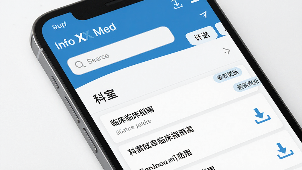 主体:手机屏幕展示“Info X Med”App的临床指南列表,按科室分类。布局:手机竖屏,列表清晰,有搜索框和筛选标签。排版:分类目录和指南标题。风格:简洁医学风,蓝白配色。细节:显示“最新更新”标签,有下载图标。画质:高清,无多余元素。