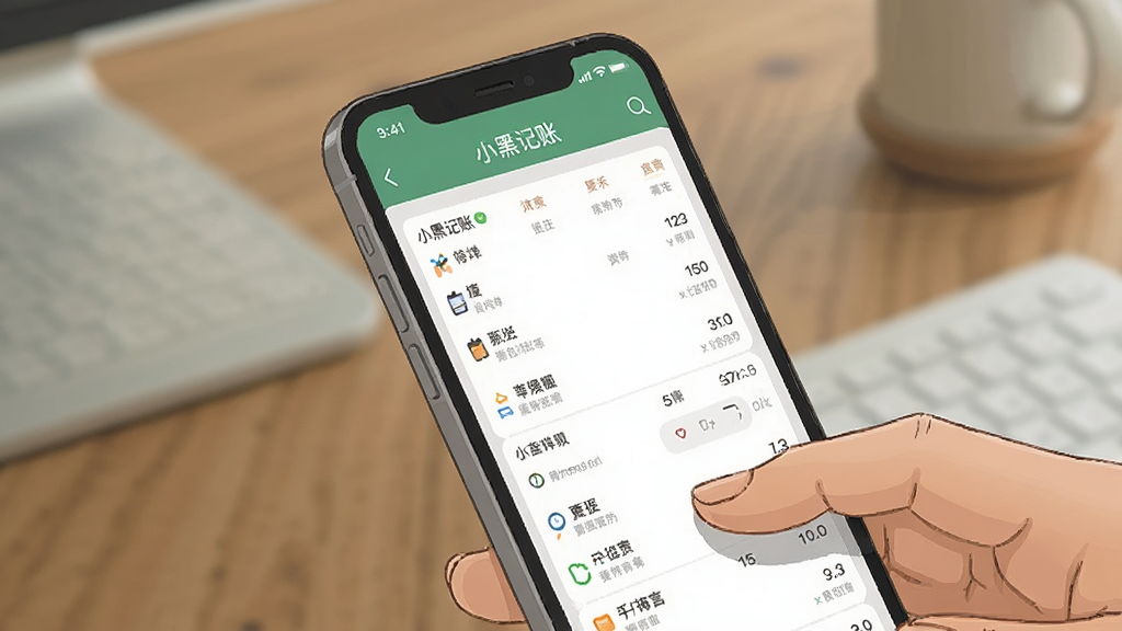 一张手机应用使用场景插画,主体为一部手机屏幕显示“小黑记账”的账单列表,旁边有一只手正在滑动屏幕,背景是模糊的桌面环境,整体风格写实,光线自然,画质干净无多余元素