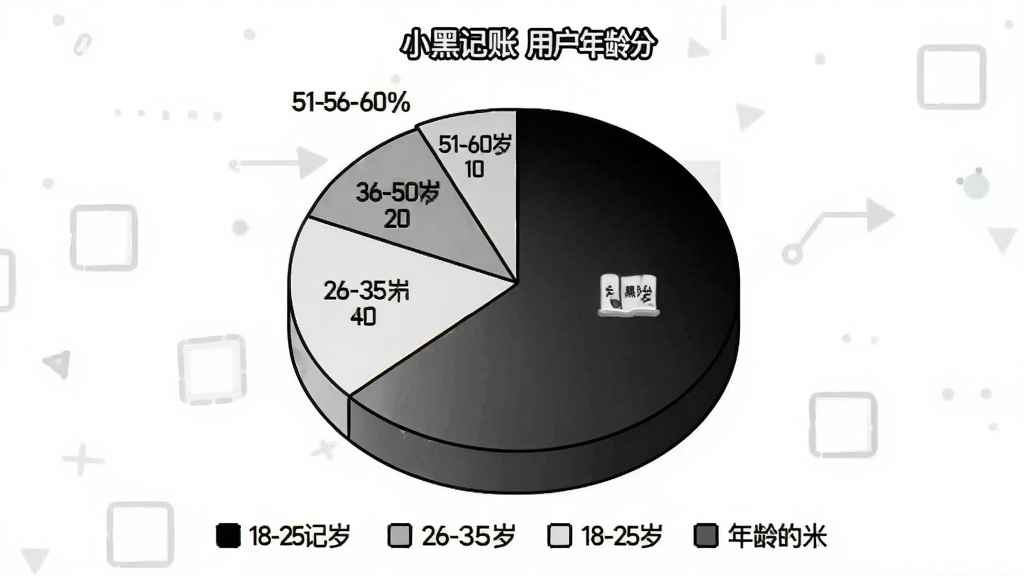 一张用户评价风格的数据图插画,主体为饼状图,显示“小黑记账”用户年龄分布:18-25岁占30%,26-35岁占40%,36-50岁占20%,51-60岁占10%,图表下方有图例说明,整体配色为黑白灰,画质干净