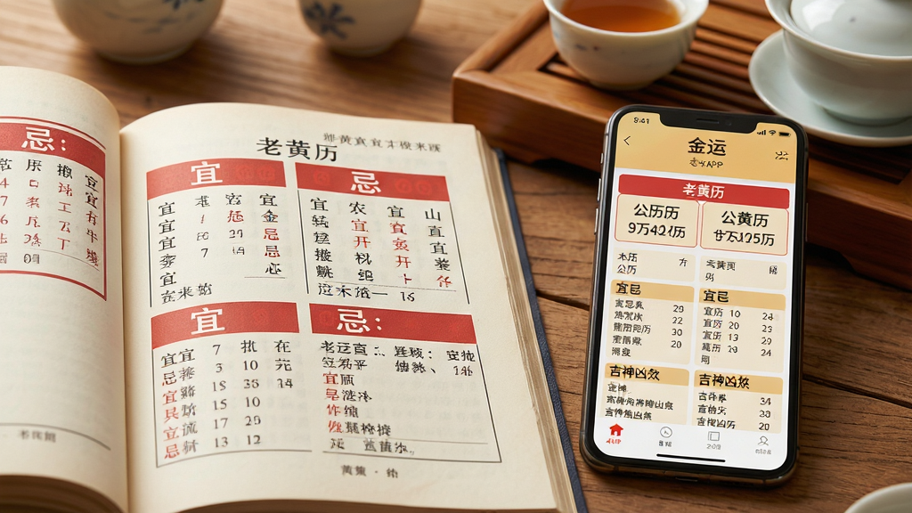 一张书籍翻开的特写,书页上显示老黄历的排版样式,有“宜”、“忌”等红色字样,旁边放着一部手机,手机屏幕上显示“金运”APP的“老黄历”页面,页面包含农历日期、公历日期、宜忌事项、吉神凶煞等信息,背景是木桌和茶具,整体色调温暖,画质干净,无多余元素,主体清晰