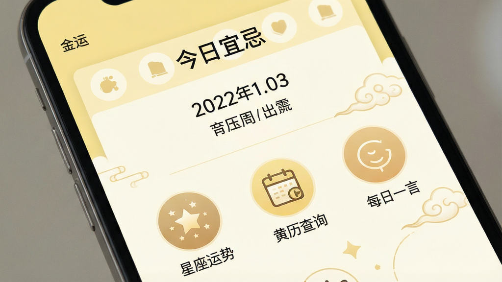 一张手机屏幕特写,屏幕中显示“金运”APP的主界面,界面以淡黄色和米白色为主色调,顶部有“今日宜忌”四个字,中间是日期和农历信息,下方是“星座运势”、“黄历查询”、“每日一言”三个功能图标,整体风格古风与现代结合,简约清新,画质干净,无多余元素,主体突出,排版清晰,细节精致