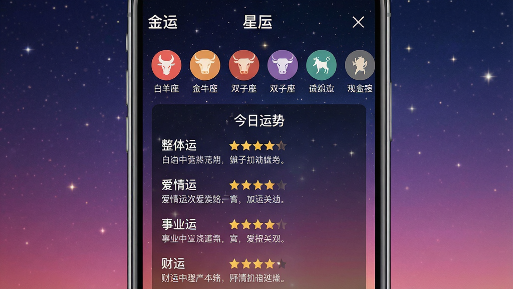 一张手机截图,屏幕显示“金运”APP的“星座运势”页面,页面顶部有“白羊座”、“金牛座”、“双子座”等十二星座图标,中间是“今日运势”的详细内容,包括整体运、爱情运、事业运、财运的星级评分和文字描述,背景是星空渐变图案,风格时尚,画质干净,无多余元素