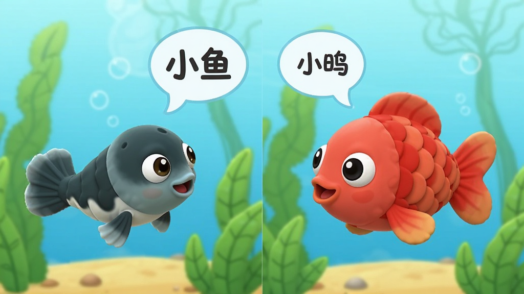 画面主体为小蝌蚪和一只红色小鱼在水草间对话,旁边有文字气泡标注“小鱼”,布局为左右分屏,左边是小蝌蚪,右边是小鱼,风格为宝宝巴士卡通渲染,排版简洁,细节圆润,画质干净无多余元素