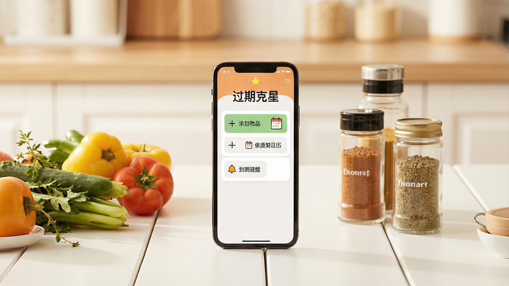 一张明亮整洁的厨房桌面上,摆放着手机、新鲜蔬果和几瓶调味品,手机屏幕显示“过期克星”应用的主界面,界面有“添加物品”“保质期日历”“到期提醒”等模块,整体风格清新简约,暖色调,细节丰富,画质干净无多余元素