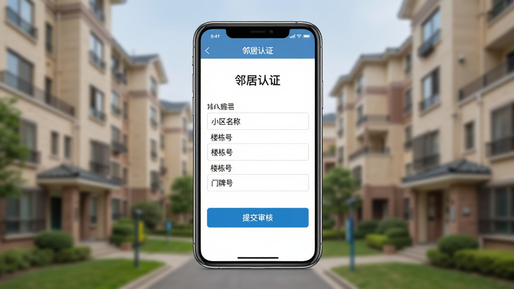 一张展示“街巷”APP实名认证流程的图片,手机屏幕上显示“邻居认证”页面,要求输入小区名称、楼栋号和门牌号,下方有“提交审核”按钮,背景是模糊的社区楼房照片,整体风格简洁明了,画质干净,无多余元素,布局居中,强调安全可信赖的感觉