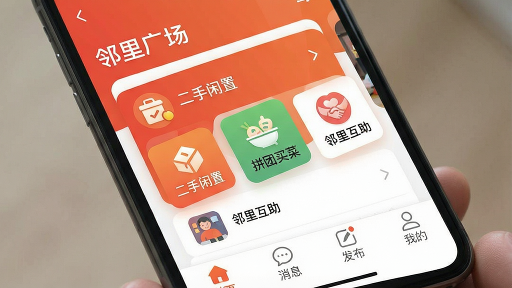 一张智能手机屏幕的特写,屏幕中显示名为“街巷”的APP主界面,界面风格简洁现代,以温暖的橙红色为主色调,顶部有“邻里广场”字样,中间是动态的社区消息卡片,包含“二手闲置”、“拼团买菜”、“邻里互助”等图标,底部导航栏有“首页”、“消息”、“发布”、“我的”四个选项,整体布局清晰,画质干净,无多余元素,风格扁平化,色彩明快