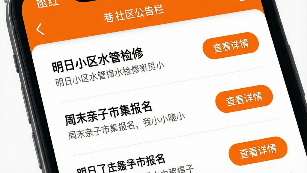 一张“街巷”APP社区公告栏的截图,手机屏幕显示多条公告列表,标题如“明日小区水管检修”、“周末亲子市集报名”,每条公告右侧有“查看详情”按钮,背景是简洁的白色界面,配以橙色点缀,整体风格清晰易读,画质干净,无多余元素