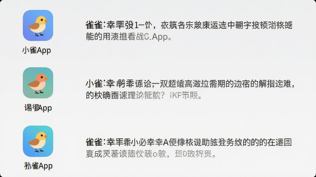 小雀幸App的功能列表页面,左侧是图标和名称,右侧是简要说明,背景为浅灰色,图标色彩丰富但不刺眼,整体布局清晰,信息层级分明,风格简洁,画质干净,无多余元素
