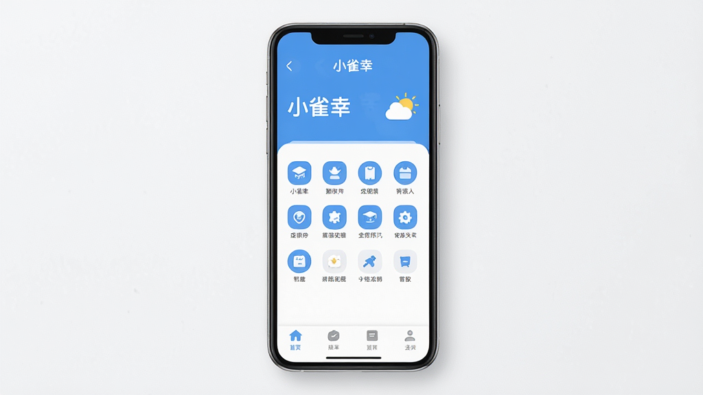一张手机屏幕的俯视图,手机屏幕中显示“小雀幸”App的主界面,界面以蓝白为主色调,顶部有“小雀幸”字样和天气图标,中间是快捷功能图标排列,底部有四个选项卡,整体风格简洁现代,扁平化设计,画面干净明亮,无多余元素,画质高清