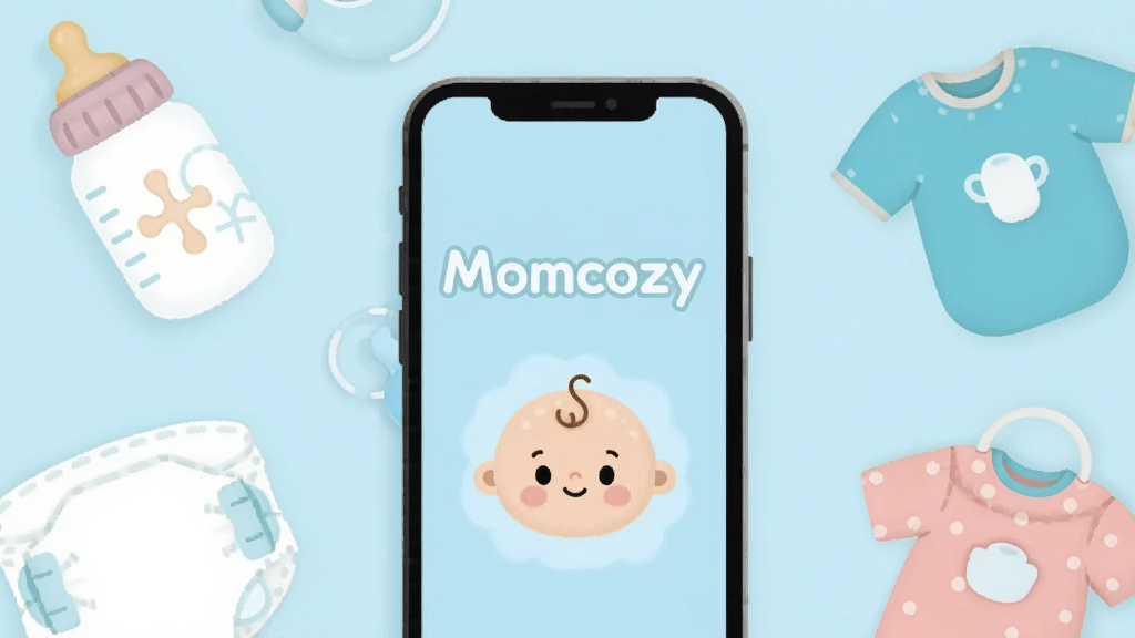 画面主体为一部智能手机屏幕,屏幕中央显示“Momcozy”字样和可爱的婴儿卡通图标,手机周围环绕着奶瓶、尿不湿、小衣服等母婴用品,背景为柔和的浅蓝色,整体布局简洁明快,扁平化设计风格,细节圆润,画质清晰干净,无多余元素