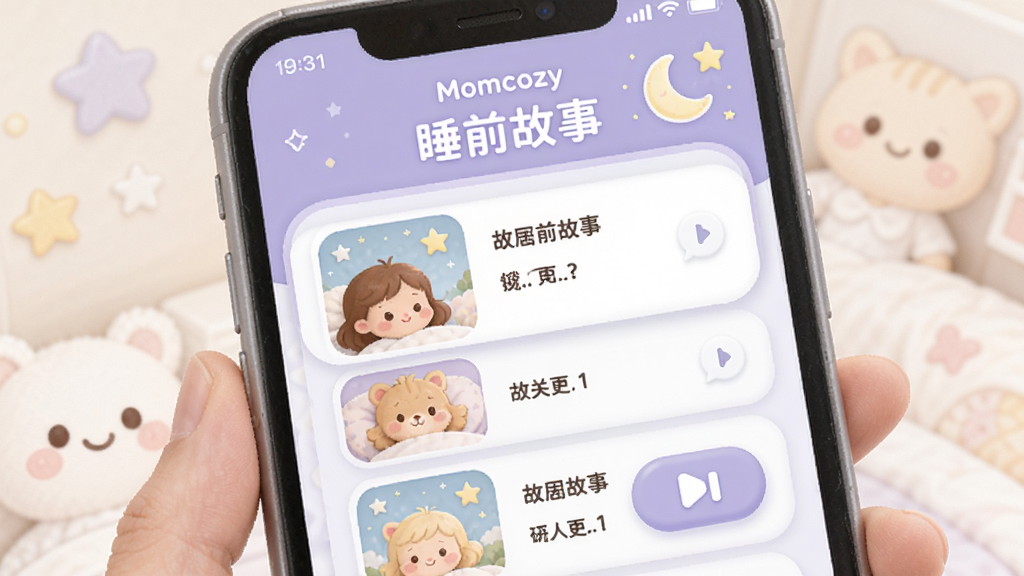画面主体为手机App界面截图,显示“Momcozy”的睡前故事页面,包含故事列表和播放按钮,页面顶部有“睡前故事”标题,设计风格温馨可爱,以淡紫色为主色调,细节圆润,画质干净无多余元素