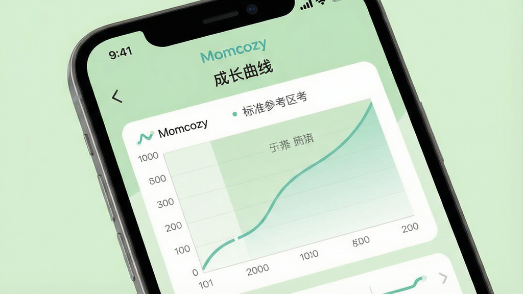 画面主体为手机App界面截图,显示“Momcozy”的成长曲线页面,包含平滑的折线图和标准参考区间,页面顶部有“成长曲线”标题,设计风格简洁清新,背景为浅绿色,细节圆润,画质干净无多余元素