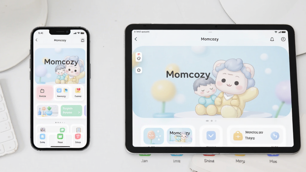 画面主体为一部手机和一台平板电脑,屏幕上同时显示“Momcozy”的界面,背景为简洁的桌面,布局为左右排列,风格现代清新,细节圆润,画质干净无多余元素