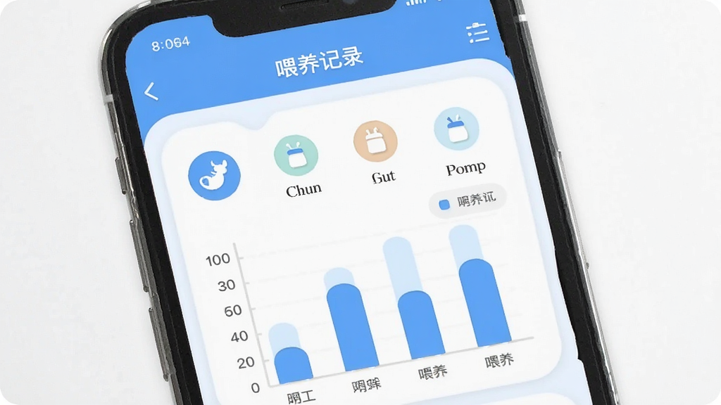 画面主体为手机App界面截图,显示“Momcozy”的喂养记录页面,包含清晰的图标和柱状图,页面顶部有“喂养记录”标题,设计风格现代扁平,以蓝白为主色调,细节圆润,画质干净无多余元素