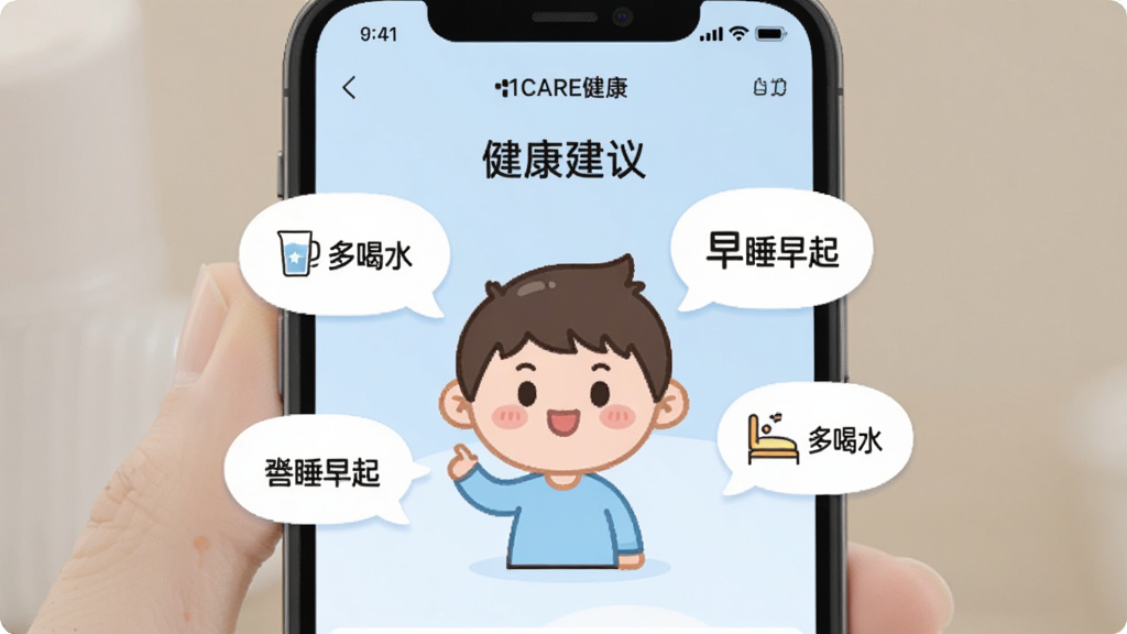 展示“1CARE健康”App的“健康建议”页面,屏幕中央是卡通人物形象,周围有气泡对话框,里面写着“多喝水”、“早睡早起”等建议,背景为淡蓝色,风格可爱,画质干净无多余元素。