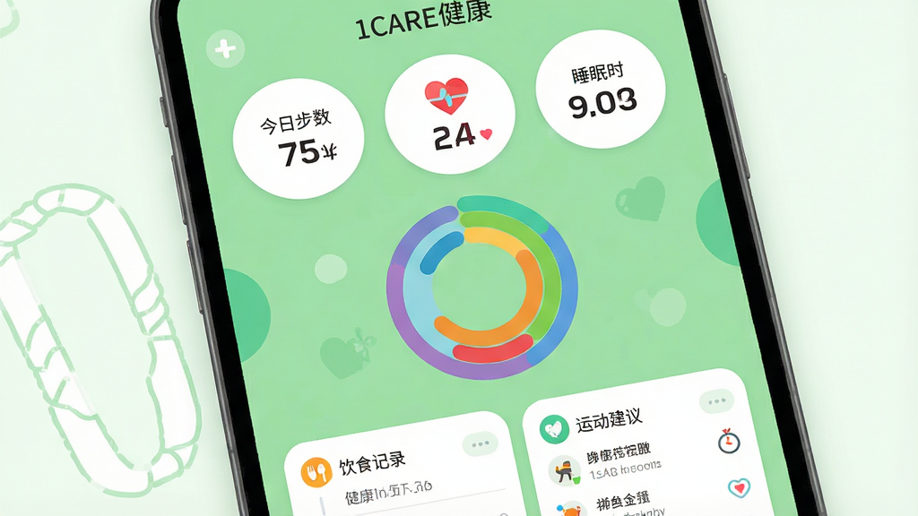 一张手机屏幕特写,屏幕中显示“1CARE健康”App的主界面,背景是清新的浅绿色,界面布局简洁,上方显示今日步数、心率和睡眠时长三个圆形数据卡片,中间是彩色环状健康评分图,下方是饮食记录和运动建议列表,整体风格扁平化,细节圆润,画质干净无多余元素。
