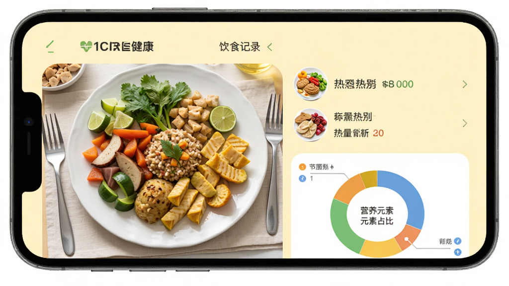 展示“1CARE健康”App的“饮食记录”功能,屏幕中有一盘丰富的午餐照片,旁边显示识别出的食物名称和热量数据,下方有营养元素占比环形图,背景为浅黄色,界面布局简洁,风格写实,画质干净。