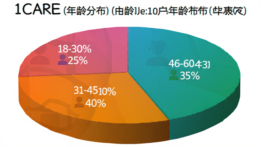 一个饼状图,展示1CARE健康用户年龄分布,18-30岁占25%,31-45岁占40%,46-60岁占35%,色彩鲜艳,图标清晰,背景为白色,画质干净无多余元素。