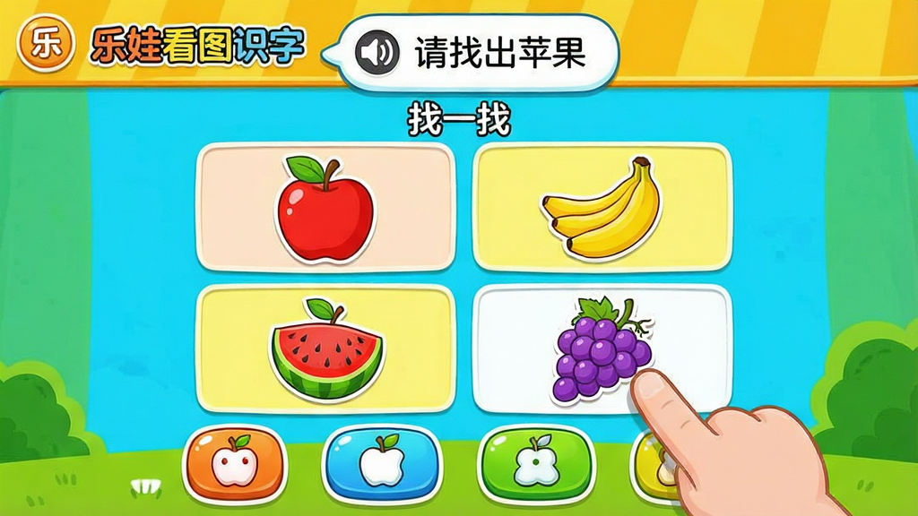 一张儿童益智游戏界面截图,画面中央是“乐娃看图识字”的“找一找”游戏,屏幕上有四张彩色图片:苹果、香蕉、西瓜、葡萄,顶部有语音提示气泡“请找出苹果”,底部有四个卡通按钮,孩子的小手指正在点击苹果图片,界面色彩明快,风格卡通,画质干净无多余元素。