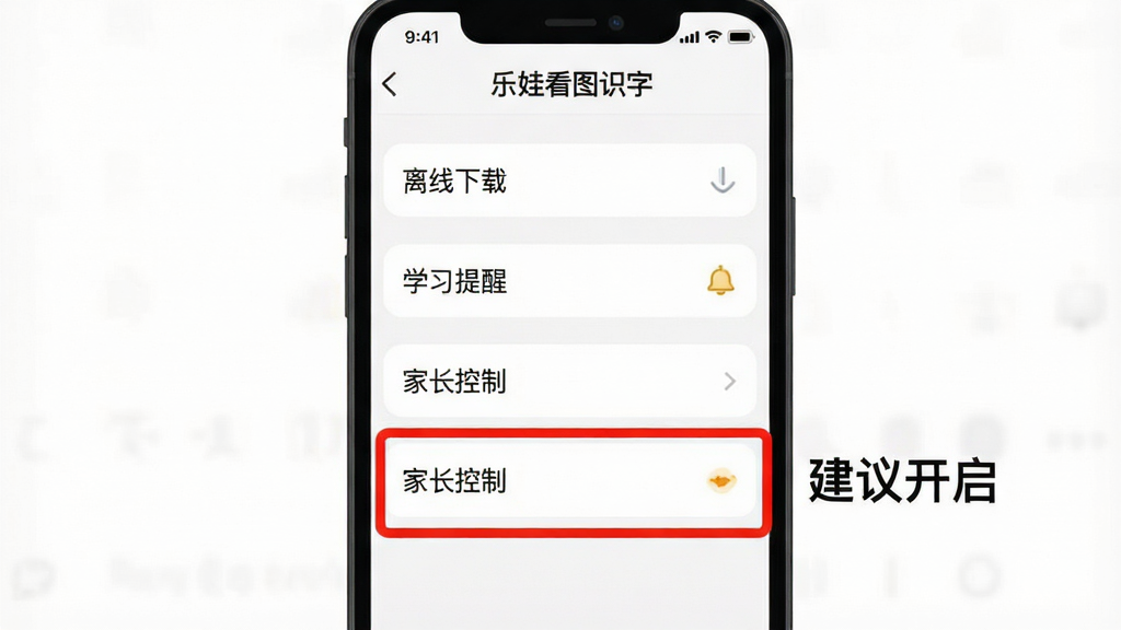一张手机截图,显示“乐娃看图识字”的设置页面,包含“离线下载”、“学习提醒”、“家长控制”等选项,其中“家长控制”被红色框标出,旁边有文字“建议开启”,背景为白色,画质干净无多余元素。