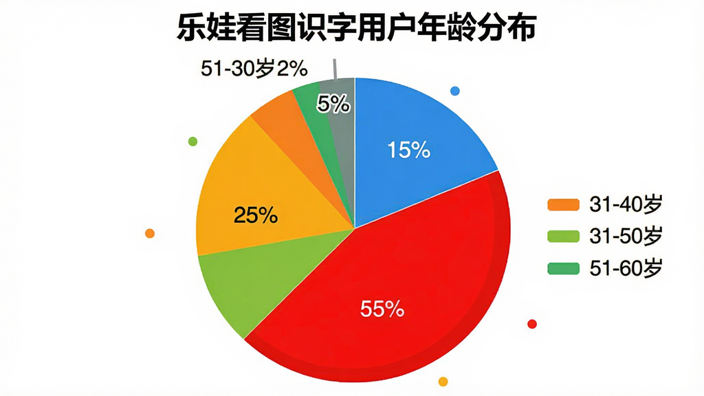 饼状图,标题为“乐娃看图识字用户年龄分布”,其中18-30岁占15%,31-40岁占55%,41-50岁占25%,51-60岁占5%,图表配色鲜艳,图例清晰,背景为白色,画质干净无多余元素。