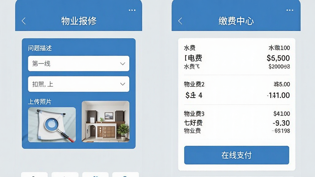 一张手机功能界面的拼接长图,左侧是“物业报修”页面,有填写问题描述和上传照片的选项,右侧是“缴费中心”页面,显示水费、电费、物业费的账单明细和在线支付按钮,整体界面以浅灰色为背景,功能区域用蓝色卡片区分,排版整齐清晰,画质干净无多余元素。