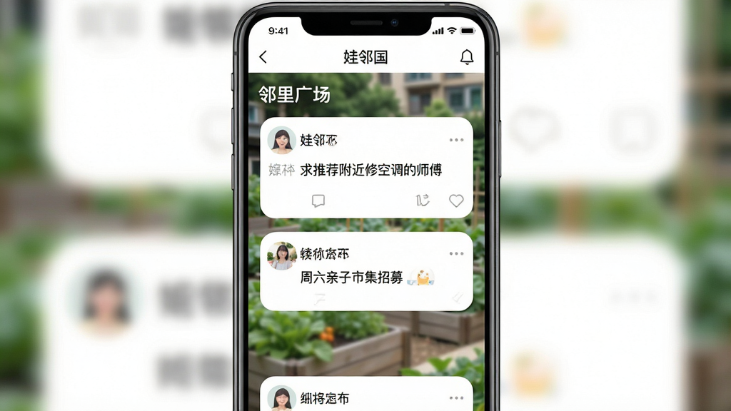 一幅手机竖屏截图,展示的是“娃邻国”APP里的“邻里广场”信息流,帖子卡片包含用户头像、昵称和内容,比如“求推荐附近修空调的师傅”和“周六亲子市集招募”,背景是模糊的社区花园,界面布局简洁,卡片圆角设计,风格清新自然,画质干净无多余元素。