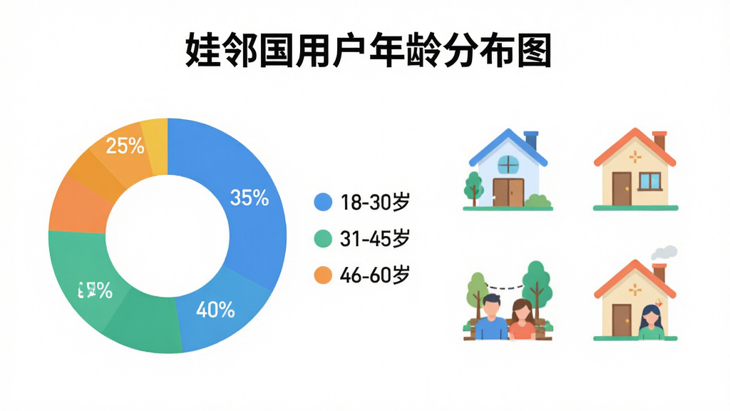 一张数据图表风格的图片,标题是“娃邻国用户年龄分布图”,图表左侧是一个圆环饼状图,图例显示18-30岁占35%,31-45岁占40%,46-60岁占25%,右侧配有几个简单的社区生活图标,整体风格简洁现代,色彩明快,画质干净无多余元素。