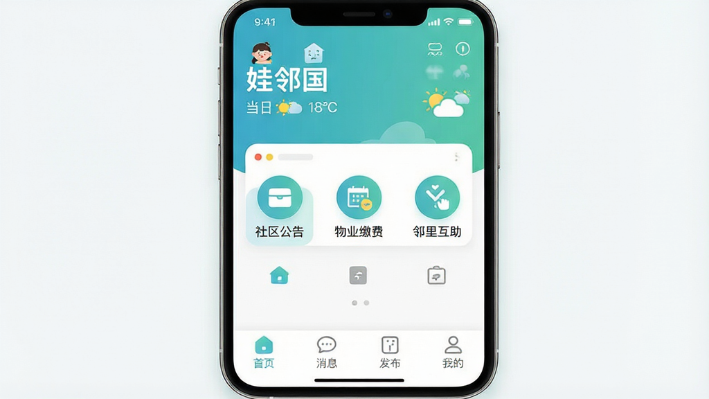 一张智能手机屏幕的特写,屏幕上显示一款名为“娃邻国”的APP主界面,界面风格现代简约,以清新的蓝绿色为主色调,顶部是“娃邻国”三个字和当日天气信息,中间是社区公告、物业缴费、邻里互助等功能图标,底部是首页、消息、发布、我的四个选项卡,图标线条流畅圆润,整体画面干净明亮,画质高清无多余元素。