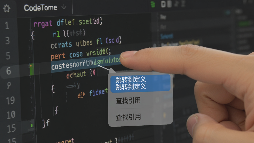CodeTome应用中的代码跳转功能演示,手指点击屏幕上的一个函数名,弹出一个半透明的快捷菜单,显示“跳转到定义”、“查找引用”等选项,背景是代码编辑器,界面风格现代扁平,高亮显示相关代码,画质干净无多余元素