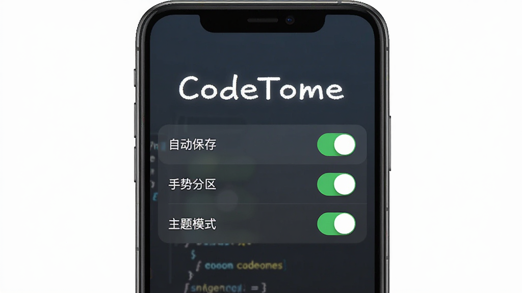 CodeTome应用在手机上的运行设置界面,显示“自动保存”、“手势分区”、“主题模式”等选项,界面风格简洁,有开关控件,背景干净,画质清晰,突出“CodeTome”字样