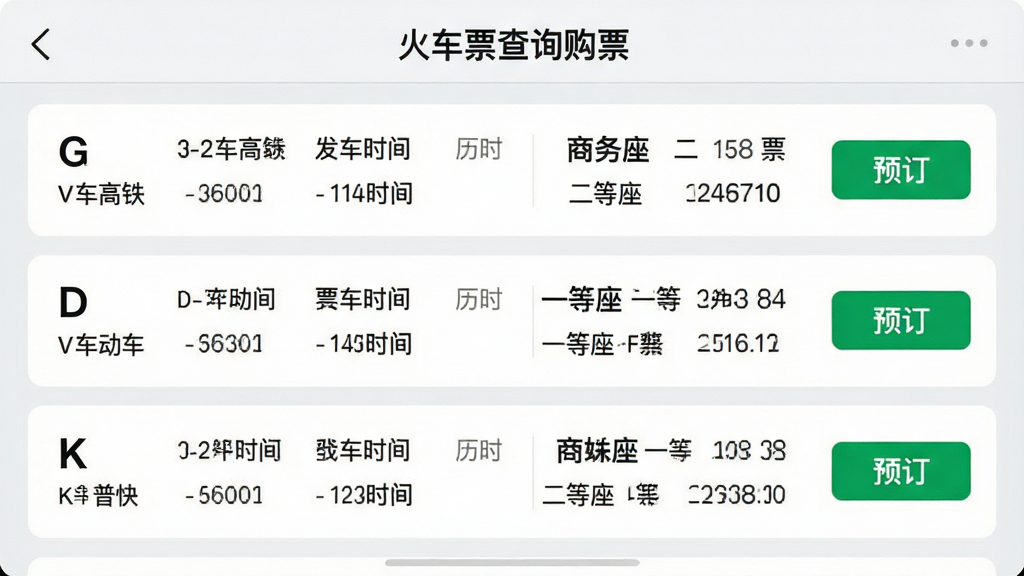 展示“火车票查询购票”应用内车票查询结果页面,列表清晰显示G字头高铁、D字头动车、K字头普快等不同车型,每个条目包含发车时间、到达时间、历时、商务座/一等座/二等座余票数及票价,绿色“预订”按钮醒目,背景为浅灰色,整体布局规整,信息一目了然,现代简约风格,画质干净。