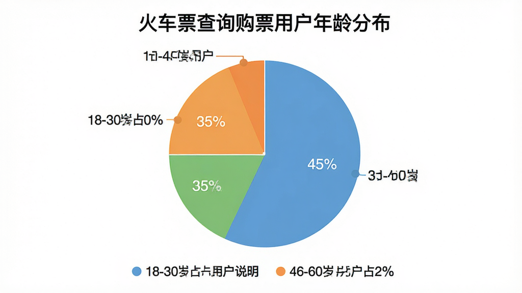 一张饼状图,标题为“火车票查询购票用户年龄分布”,图中显示18-30岁用户占45%,31-45岁用户占35%,46-60岁用户占20%,配色清新,图表下方有图例说明,背景为纯白色,画质干净。