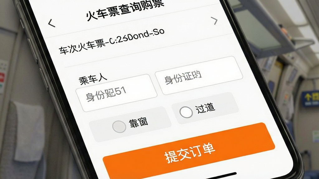 手机截图展示“火车票查询购票”的订单确认页面,顶部显示车次信息,中间是乘车人姓名和身份证号输入框,下方有“靠窗”和“过道”两个座位偏好选项按钮,底部是醒目的橙色“提交订单”按钮,界面清爽,无广告干扰,扁平化设计,细节精致,画质干净。