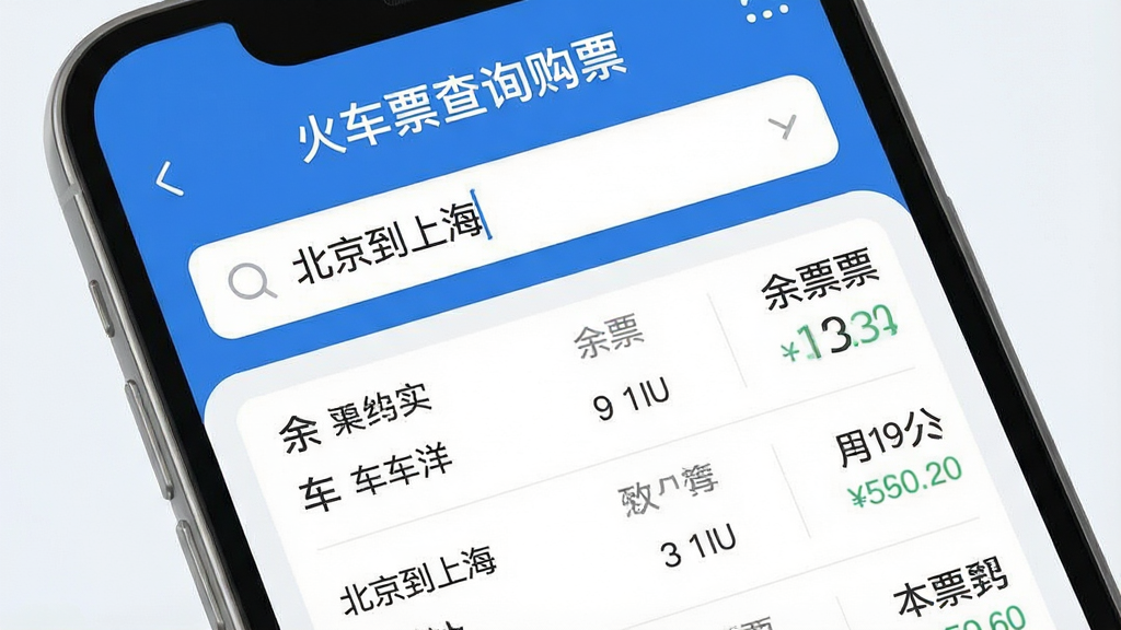 一张手机屏幕的特写,屏幕中显示“火车票查询购票”应用的主界面,蓝白配色,顶部搜索框输入“北京到上海”,下方清晰展示车次列表、余票数量和票价信息,界面简洁现代,扁平化设计,细节圆润,画质干净无多余元素。