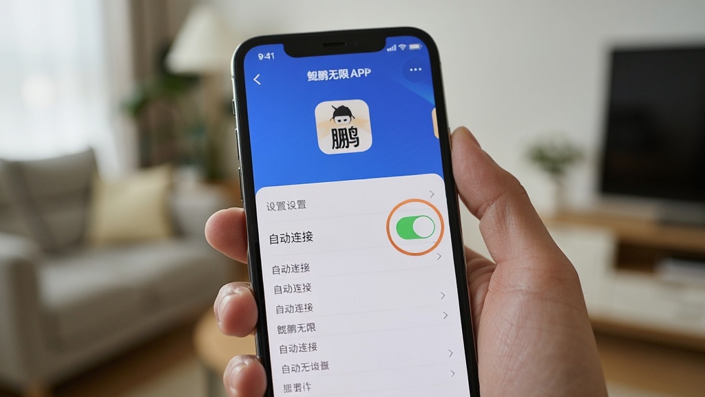 一张手机操作示意图,主体是一只手握着手机,屏幕上显示鲲鹏无限APP的设置页面,重点圈出了“自动连接”开关,背景为模糊的室内环境,布局以手部动作为中心,风格生活化,细节有微距效果,画质清晰自然,无多余元素