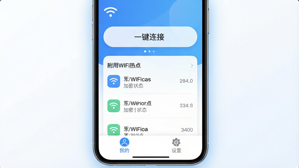 一张展示鲲鹏无限APP主界面的高清截图,主体是手机屏幕居中,界面以蓝白渐变为主色调,顶部显示当前WiFi信号强度图标和“一键连接”大按钮,中部列表展示附近可用WiFi热点及加密状态,底部有“我的”和“设置”两个选项卡,整体布局简洁直观,风格现代扁平化,细节圆润,画质干净明亮,无多余元素,屏幕周围有淡淡的光晕效果突出科技感
