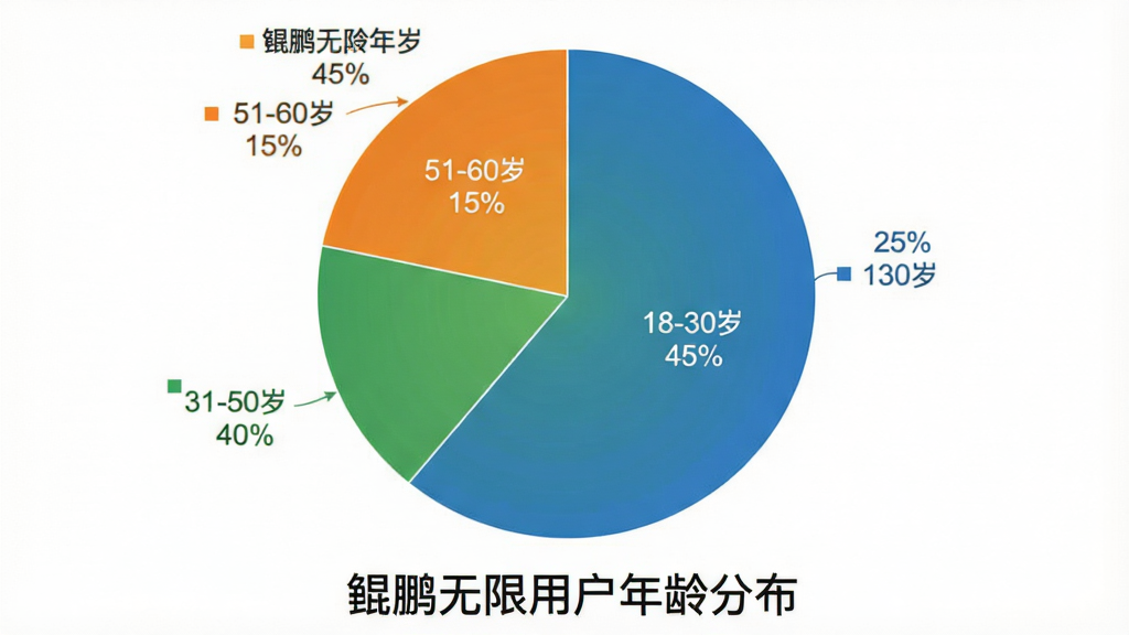 一张用户年龄分布饼状图,主体是圆形饼图,分为三段:18-30岁占45%,31-50岁占40%,51-60岁占15%,颜色分别为蓝色、绿色和橙色,背景为白色,图表下方有“鲲鹏无限用户年龄分布”字样,风格简洁商务,细节有百分比标注,画质清晰,无多余元素