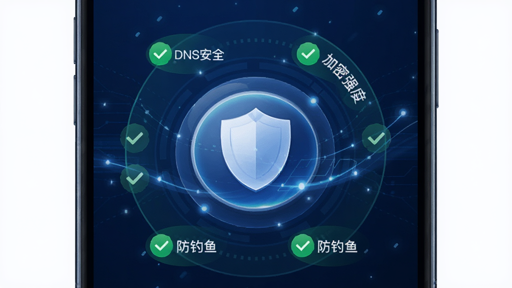 一张手机安全扫描界面,主体是鲲鹏无限APP的安全体检页面,屏幕中央有一个圆形盾牌图标,周围环绕着“DNS安全”“加密强度”“防钓鱼”等绿色通过标识,背景为深蓝色科技风,布局以盾牌为中心对称,风格安全可靠,细节有细微的光泽流动效果,画质细腻,无多余元素