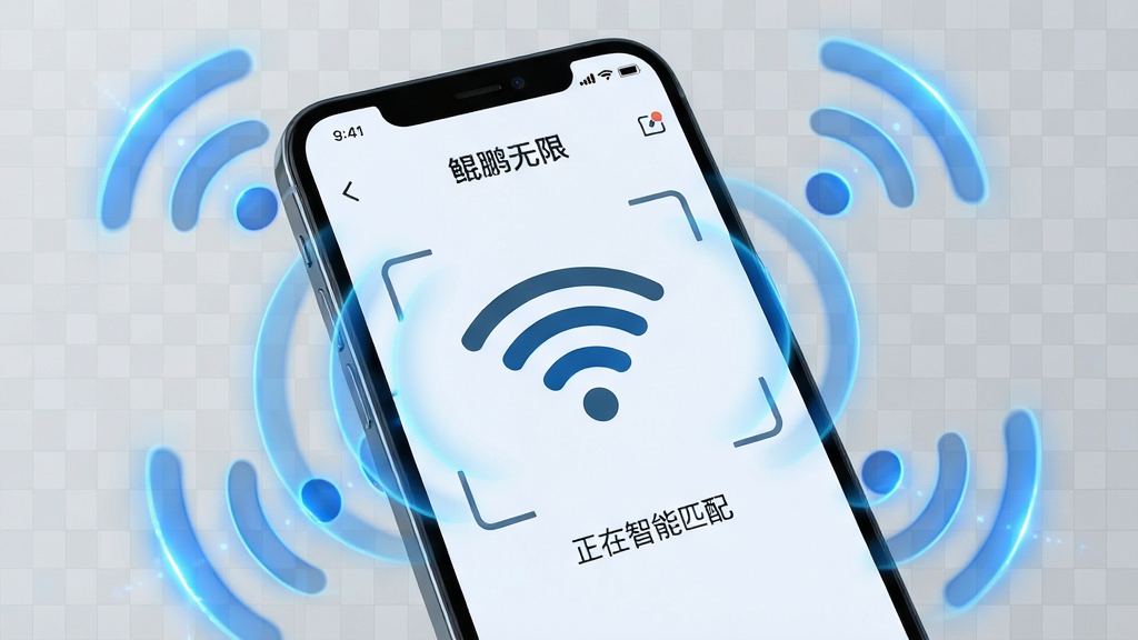 一张动态示意图,主体是一个手机屏幕特写,屏幕中显示“鲲鹏无限”的WiFi扫描界面,周围有多个WiFi信号波纹向外扩散,颜色为蓝色半透明,界面下方有“正在智能匹配”的字样,布局以手机为中心,背景为浅灰色网格,风格科技感十足,细节包括信号波纹的光晕效果,画质清晰高帧率,无多余元素