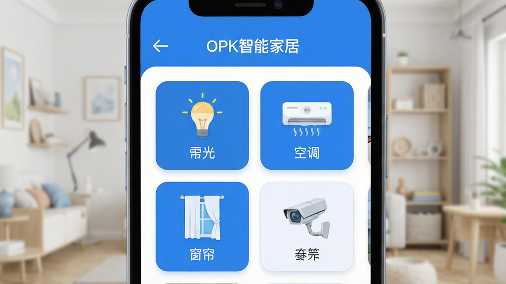 һ��չʾOPK���ܼҾ�������ĸ�����Ⱦͼ���������ֻ���Ļ�ڵ�App��ҳ��������ʾ��OPK���ܼҾӡ�������������������ɫΪ�����·������ŵƹ⡢�յ�����������ص��豸��Ƭ�����岼�ּ��ɾ����ִ���ƽ����Ʒ��ϸ��Բ�󣬻��ʸɾ��޶���Ԫ�ء�