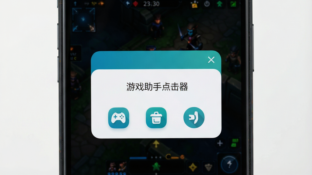 一张手机屏幕的俯视特写,屏幕中间显示“游戏助手点击器”的悬浮窗界面,背景是暗色的游戏画面,界面简洁,布局清爽,图标为蓝绿色调,风格现代扁平,细节圆润,画质干净无多余元素