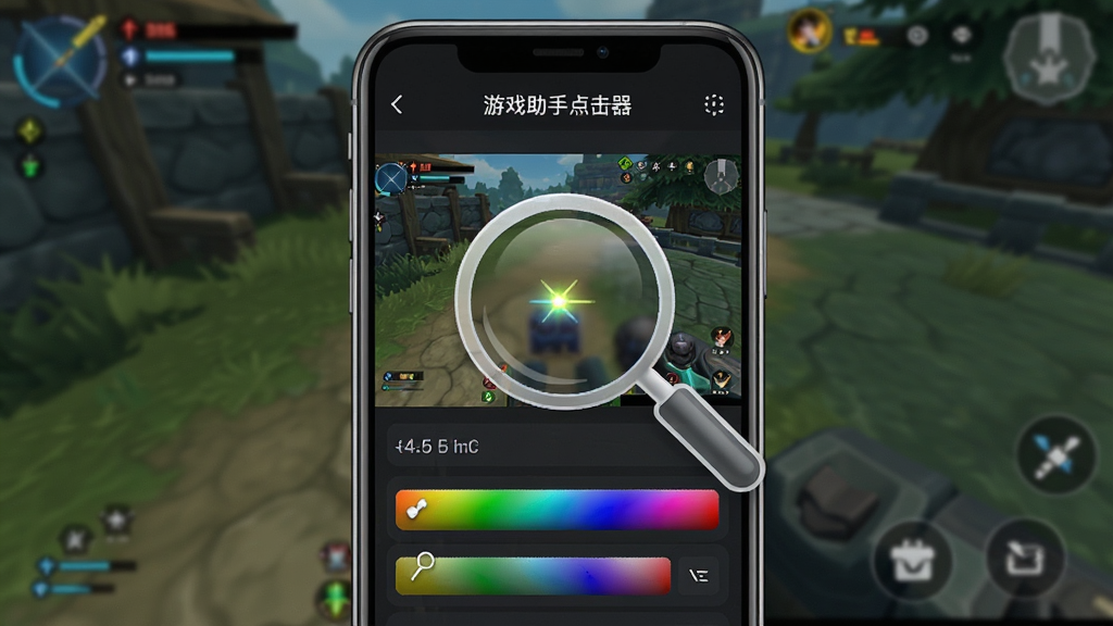 手机屏幕展示“游戏助手点击器”的取色设置页面,屏幕中央有一个放大镜图标对准游戏画面中的一处亮点,下方显示颜色参数,背景为游戏实景,界面元素清晰,风格科技感,画质干净无多余元素