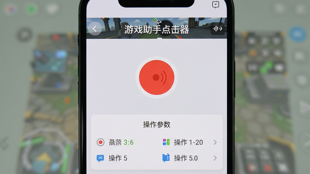 手机屏幕展示“游戏助手点击器”的录制界面,中间有醒目的红色录制按钮,下方是操作参数设置面板,背景为浅灰色,界面布局清晰,色彩明快,风格简洁现代,画质干净无多余元素