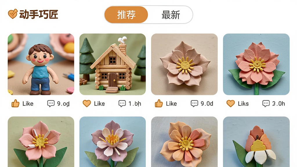 һ�š������ɽ���APP����ҳ��Ľ�ͼ�������ǡ��Ƽ����͡����¡�������ǩ���·����û���������Ƭǽ�������С�ˡ�ľ��С���ӡ�ֽ�ջ������Ʒ��ÿ����Ƭ�·��е��޺�����ͼ�꣬��������ܰ���ã����ʸɾ��޶���Ԫ�ء�
